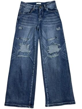 Fire & Rain Distressed Baggy Wide Leg Jeans Mid Rise Denim Y2K streetwear Size 7